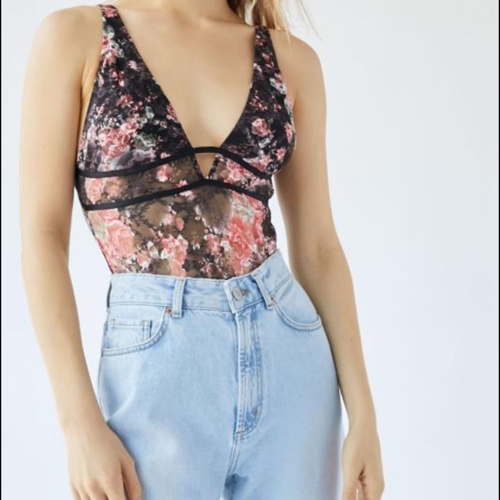 Urban Outfitter Out From Under Floral Mesh Plunge Bodysuit